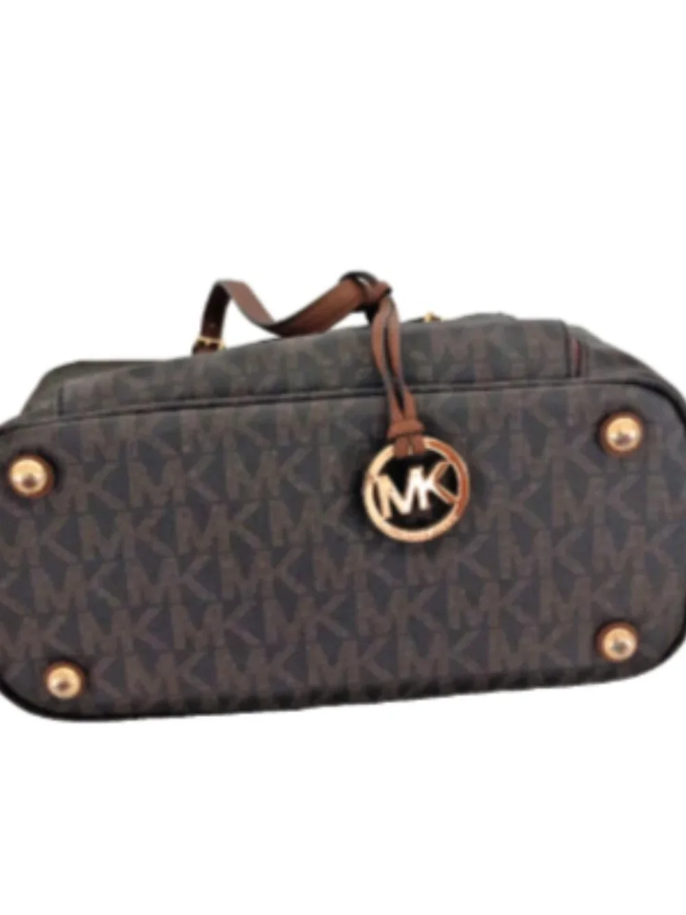 Michael Kors Large Tote Bag Brown MK Signature Logo Gold Charm Zip Top Purse